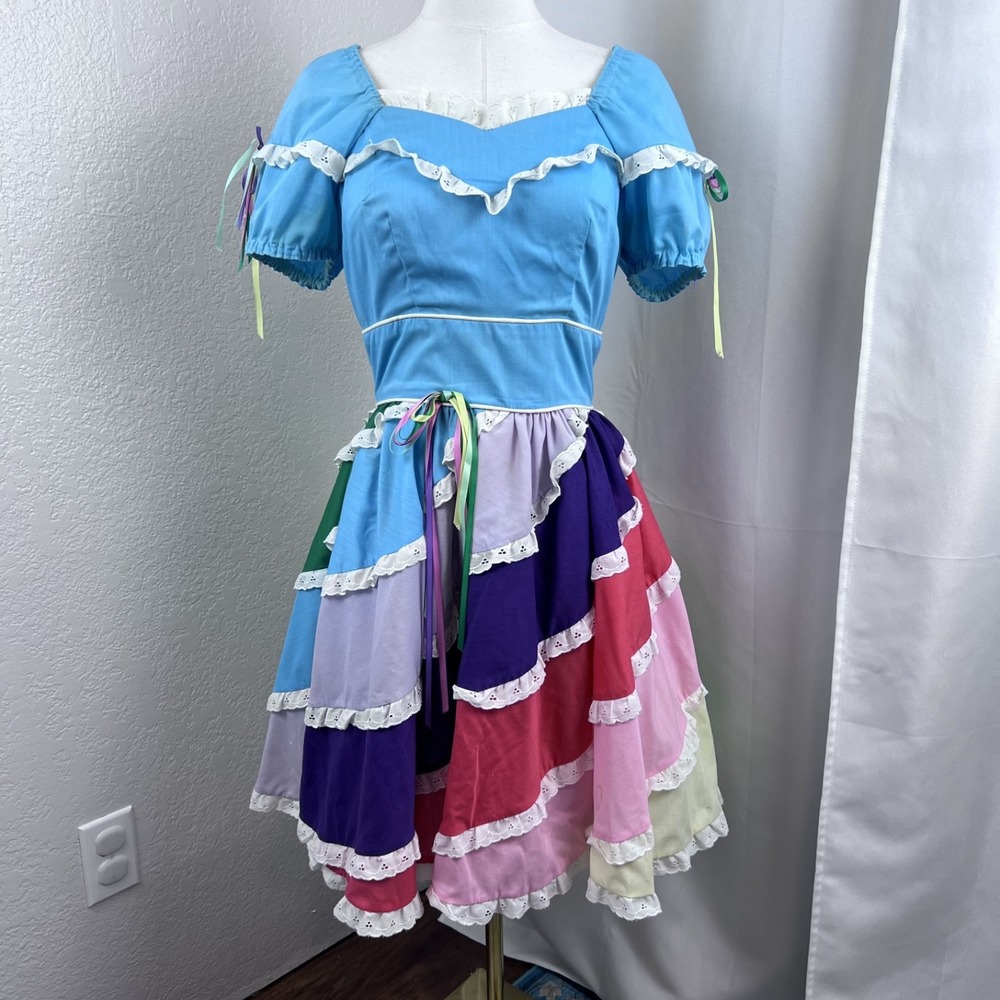 Vintage Square Dance Dress Womens XS Blue Rainbow Tiered Prairie Western Cottage